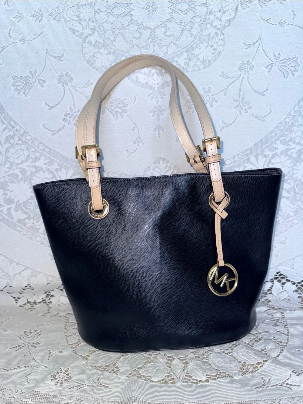 Michael Kors Bedford Medium Pocket Tote Black Saffiano Leather Tan Straps